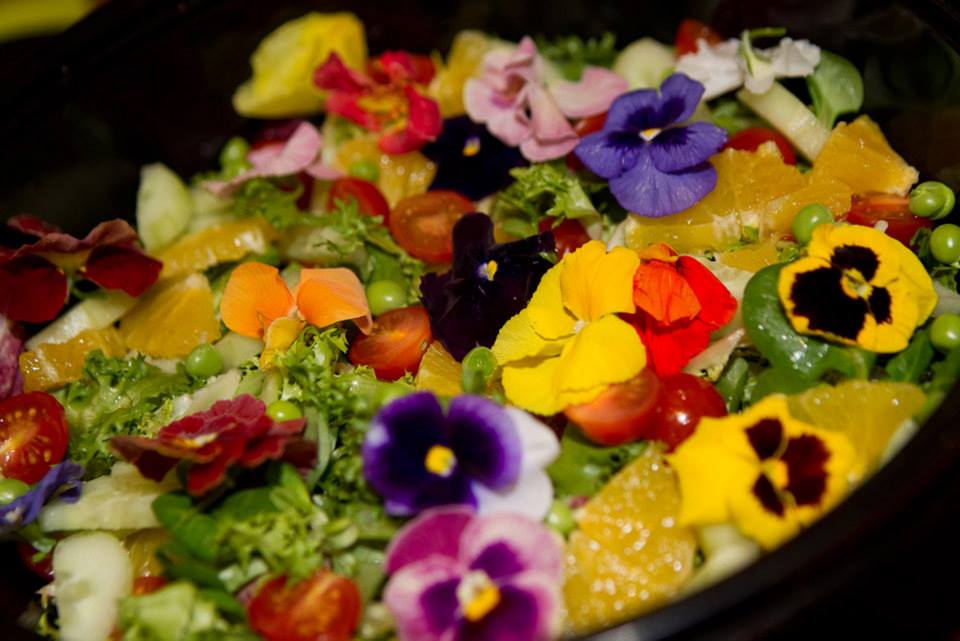 Flowers and fruit brighten up this salad - the only thing that WASN'T made in the AGA!