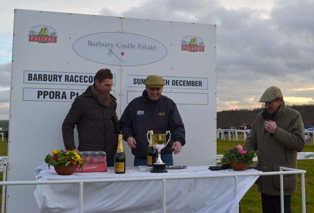 Alan King and Tom Lacey with announcer Mark Barlow following the PPORA Club Members Maiden 4&5yo race