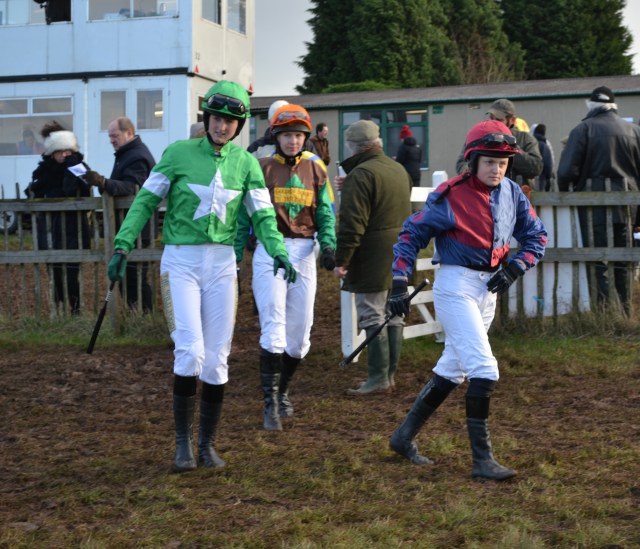 Hanna Jones (green silks with white star), Emma Todd and Charlotte Hawker