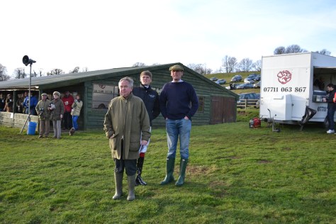 L-R Bookmaker Neil Astor, rider Joe Hill and trainer Alan Hill watch Division 2 of the Open Maiden 456&7yo race