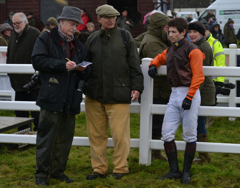 Brian Armstrong (left) interviews Robert Waley-Cohen after Sam Waley-Cohen had won the Mens Open on Rumbavu 