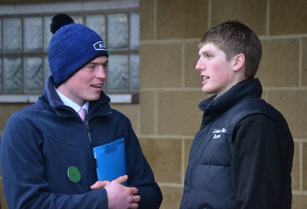 Commentator Nick Child chats to jockey Joe Hill