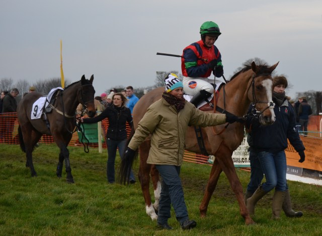 L-R Kristy Kettlewell, rider Catherine Walton and Lucy Kerr, followed by Laura Clark and Nosecond Chance (no 9)