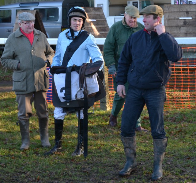 Jockey Alex Edwards and trainer Philip Rowley (far right) after Cheif Heckler had finished 2nd in the opener