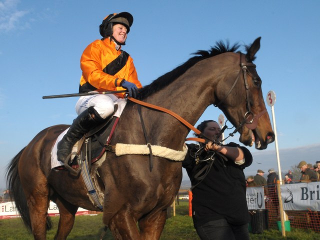 Palypso de Creek and rider Claire Hart with groom Kerrie Wakefield after winning the AGA Ladies' Open point-to-point race at Sheriff Hutton