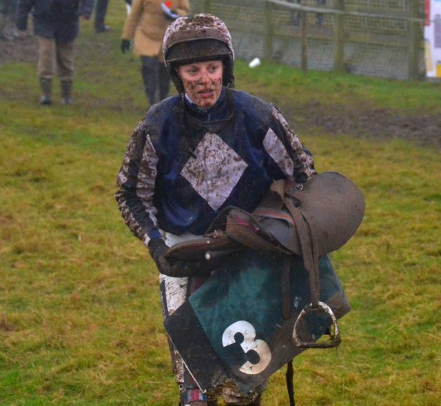 Pulled up! Our very muddy national champion, Jacqueline Coward