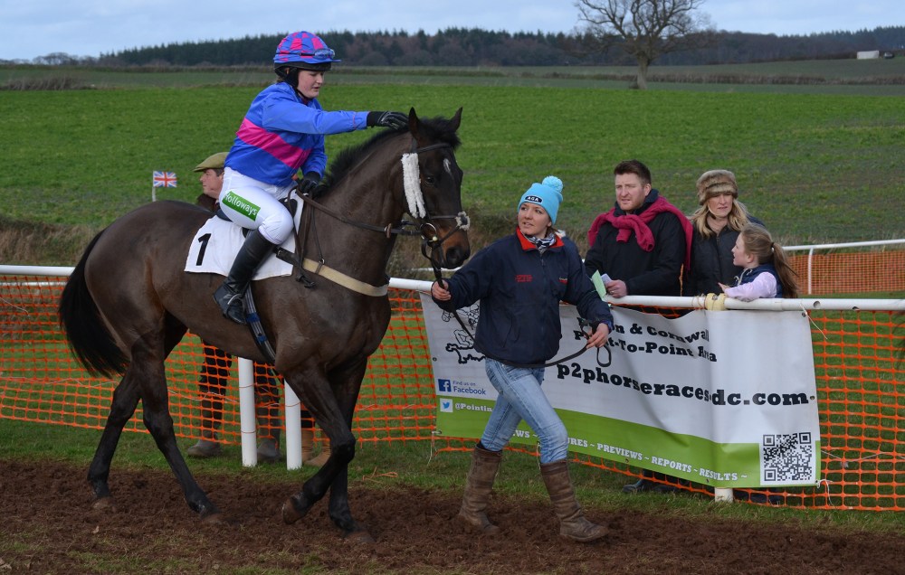 Hannah Lewis was 3rd in the AGA championship for lady riders last season, but she wasn't in the saddle today, instead she had a duel role, trainer & groom, and in the photo she's leading up Bridlingtonbygones (Abs Banks)