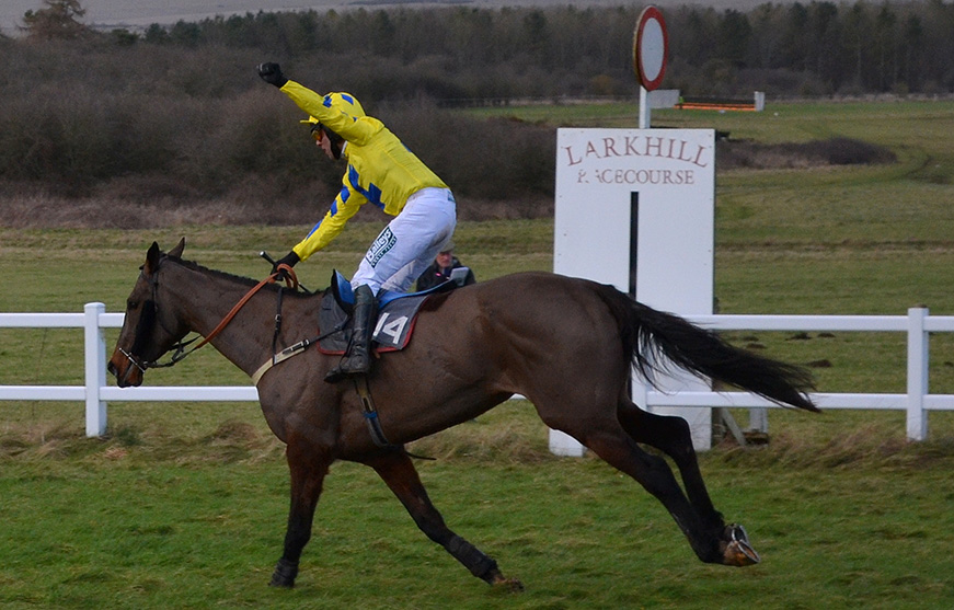 Mark Wall punches the air as he crosses the line