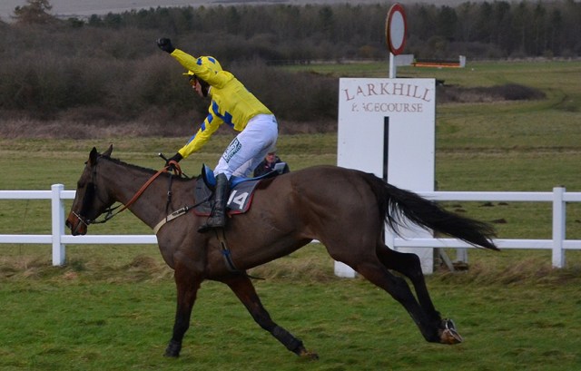 Mark Wall punches the air as he crosses the line