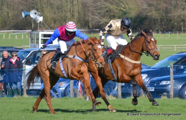 Moscow Blaze (nearside) and Shoreacres are stride for stride up the run-in