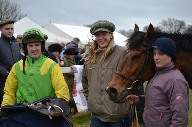 A 100/1 winner for Sam Painting, seen here with trainer Laura Thomas and Monika Gasparova 