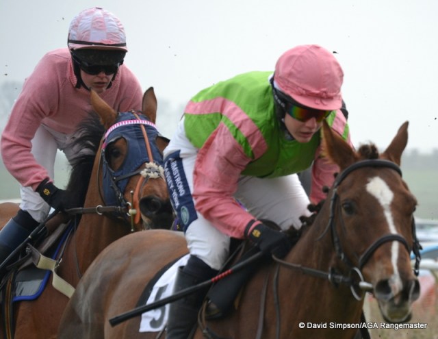 A close up of National Champion Jacqueline Coward (Lewesdon Tom) and Harriet Bethell (Nalim) on the first circuit in the Confined race