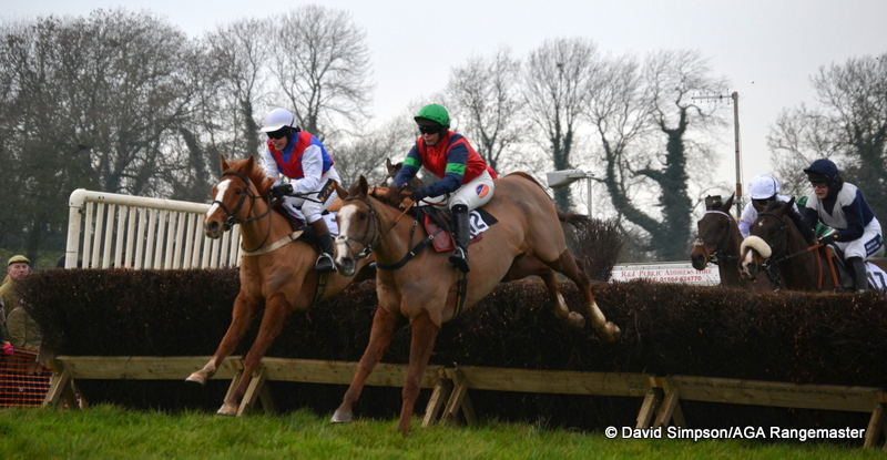 Oaklands Robbie (white cap) and Ockey De Neulliac go head to head on the first circuit of the AGA ladies open at Sheriff Hutton