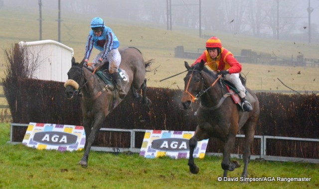 Sacred Mountain (orange and red) jumps the last ahead of eventual 3rd Non Dom (Siobhan Doolan)