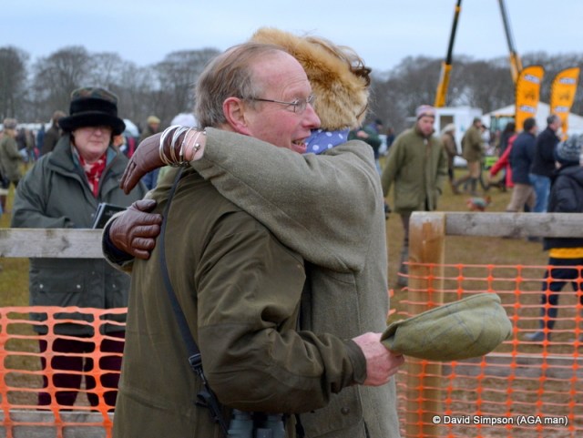 Sara Moule hugs Christopher Marriott after Dabinett Moon had taken the Members race