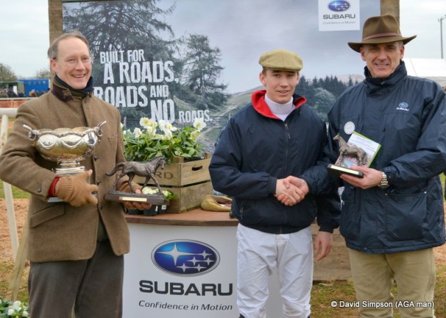 A handshake for winning rider, Tom Chatfeild-Roberts from Subaru Dealer Principal, Stephen Wilkins, while winning owner, John Chatfeild-Roberts looks on