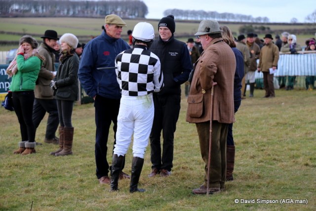Last minute instructions for James Tudor, before he is legged up on Harbour Court by Big Al