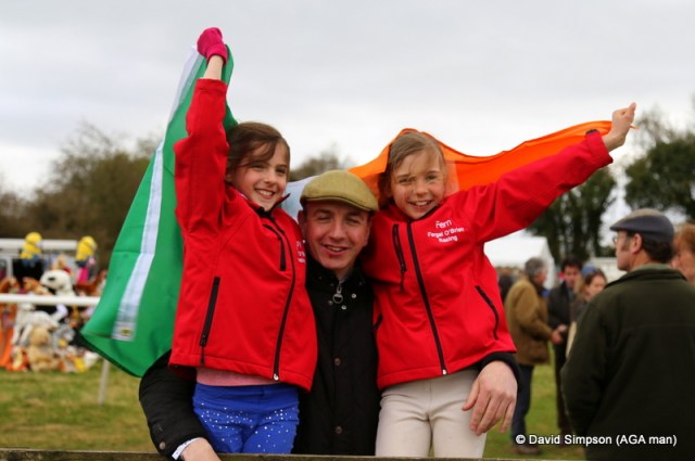 Fergal O'Brien and his girls (Daisy and Fern) fly the flag for Team Ireland
