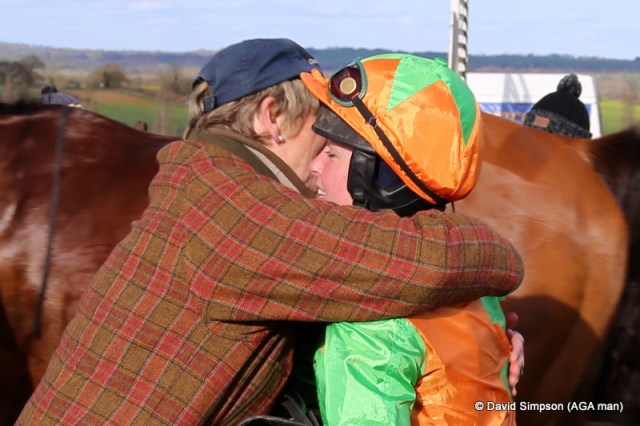 A hug for Harty after leg three of the treble