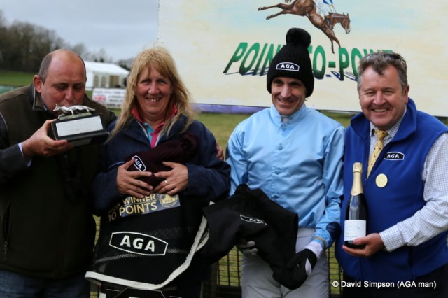  A great end to the day as Gary kisses the trophy, Amanda clutches the AGA rug and Geoff Barfoot-Saunt receives his AGA goodies