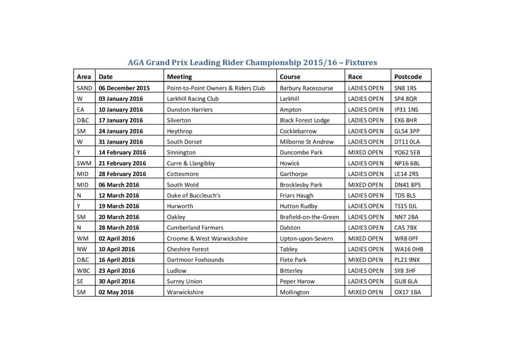AGA fixtures for 2015/15